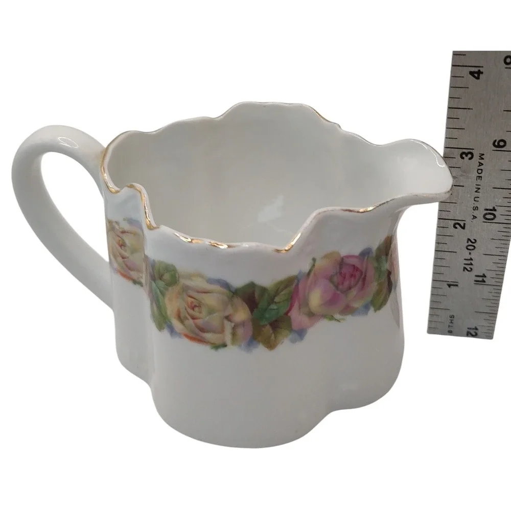 Antique‎ Z S Co Bavaria Creamer Porcelain Pitcher Pink Cabbage Rose Pattern Gilt